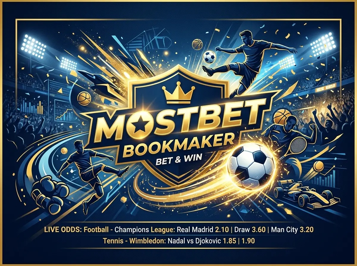 Букмекерская контора Mostbet — тёмно-синий динамичный фон с футбольными и спортивными мотивами, золотые акценты, атмосфера ставок и азарта